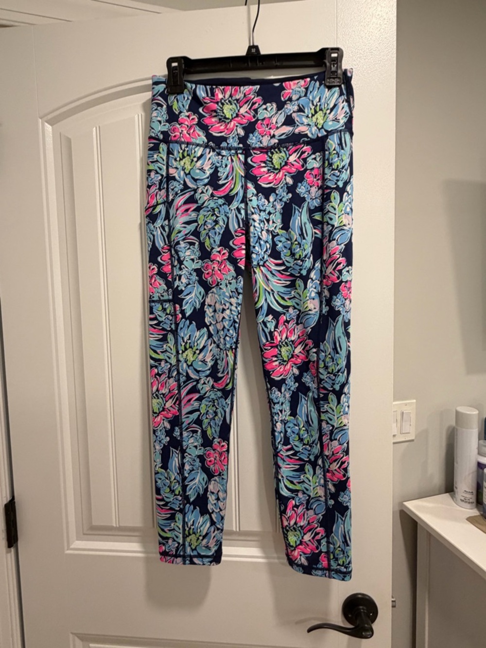 Lilly Pulitzer Navy Leggings with Pink and Aqua Floral Trim